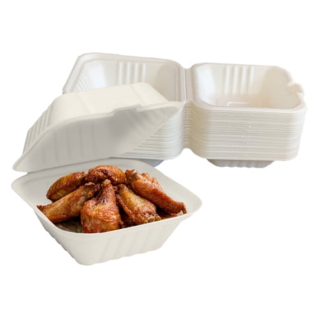Raj Eco Bagasse 6" x 6" Clamshell Takeout Containers- 50 Pack- Compostable and Disposable Heavy Duty containers for parties, Restaurants, Food Trucks, and leftovers - Alternative to Plastic & Paper