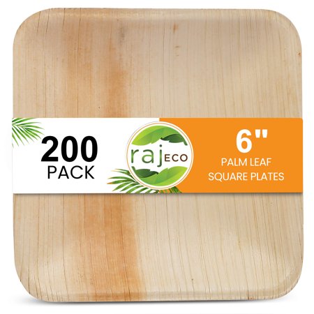 Raj Palm Leaf Plates [200-Pack] 6" Square Plates like Bamboo plates Disposable, Strong, Decorative Compostable Tableware for wedding, Lunch, Dinner, Birthday, Camping, Outdoor