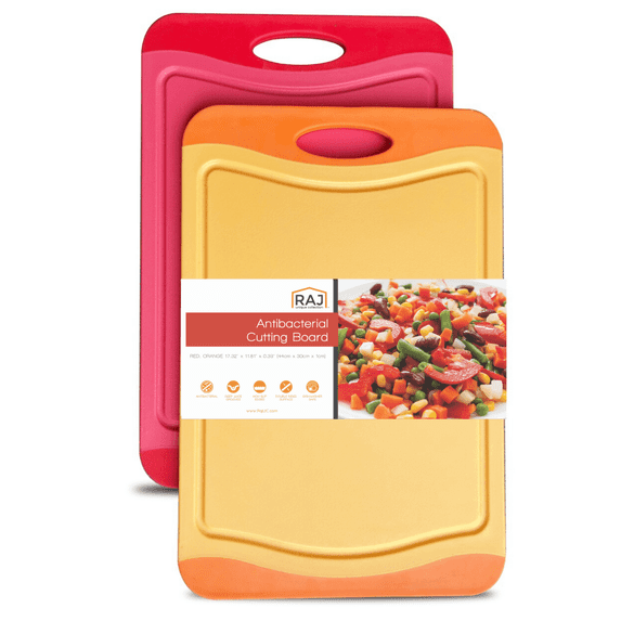 Raj Plastic Cutting Board Reversible Cutting board, Dishwasher Safe, Chopping Boards, Juice Groove, Large Handle, Non-Slip, BPA Free (17.4" x 11.81") - Red and Orange