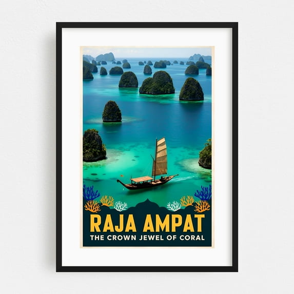 Raja Ampat Poster: Indonesia’s Underwater Paradise - West Papua Indonesia Illustration Travel Poster Tropical Seascape Boat Sailboat Ocean Nature Black Framed Wall Art Print 20 x 30 inches