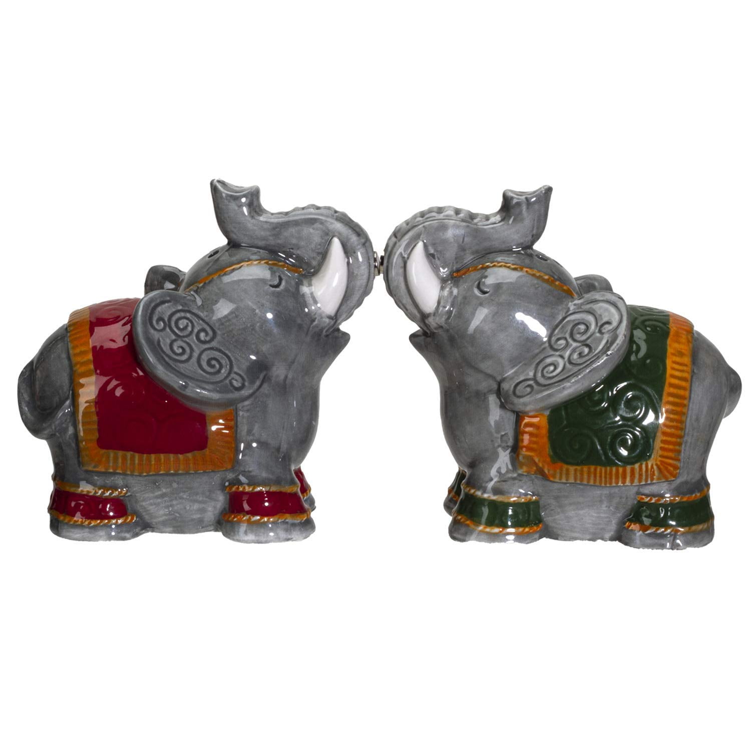 Hand Painted Gray and Red Ceramic Elephant Salt and Pepper Shaker Set