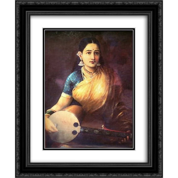 Raja Ravi Varma 2x Matted 20x24 Black Ornate Framed Art Print 'Lady with Swarbat '