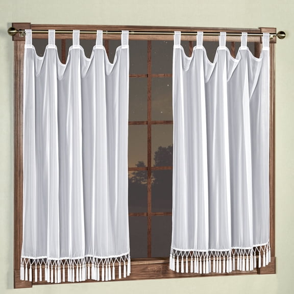Rajah Pearl White Semi Sheer Polyester Voile Victorian Tab Top Window Treatment 2-63L Panels Set