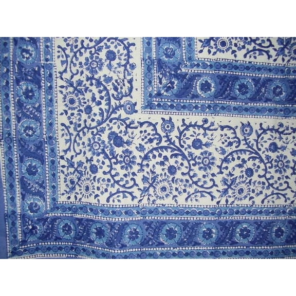 Rajasthan Block Print Cotton Tablecloth 90" x 60" Blue