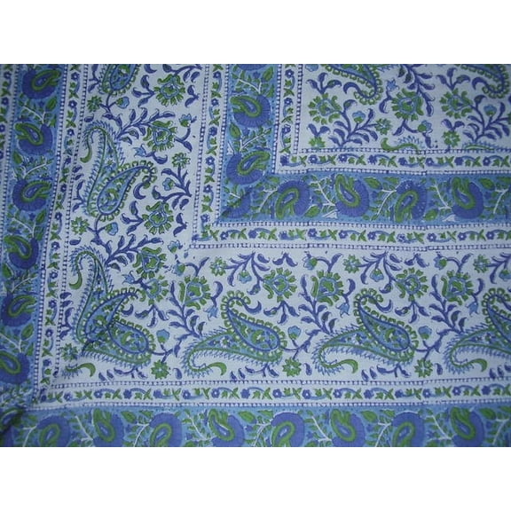 Rajasthan Block Print Paisley Tapestry Cotton Bedspread 104" x 70" Twin Blue