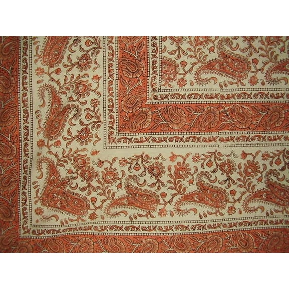 Rajasthan Block Print Paisley Tapestry Cotton Spread 104" x 70" Twin Orange