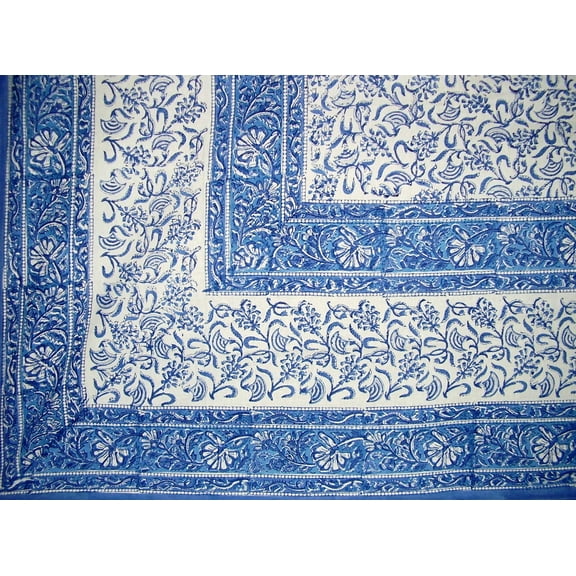 Rajasthan Block Print Tapestry Cotton Bedspread 106" x 106" Queen Blue