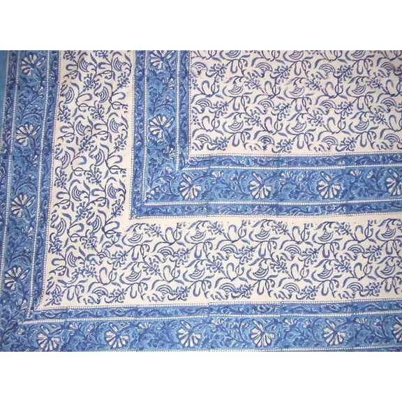 Rajasthan Block Print Tapestry Cotton Bedspread 108" x 82" Full-Queen Blue