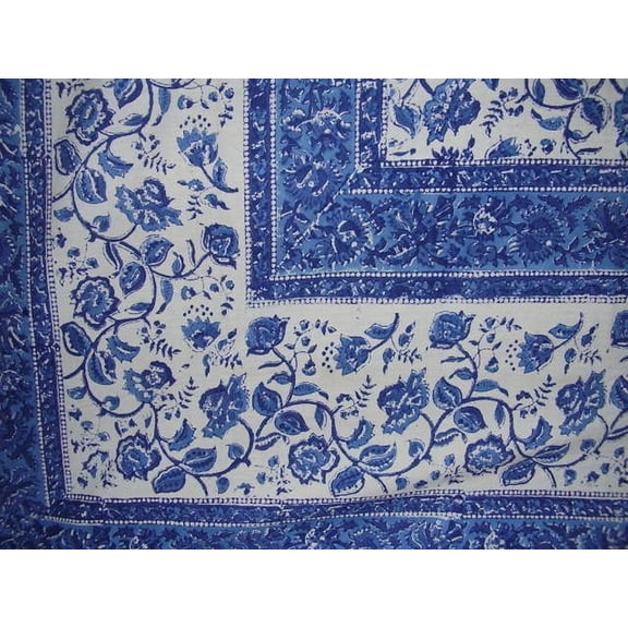 Rajasthan Block Print Tapestry Cotton Bedspread 108" x 88" Full-Queen Blue