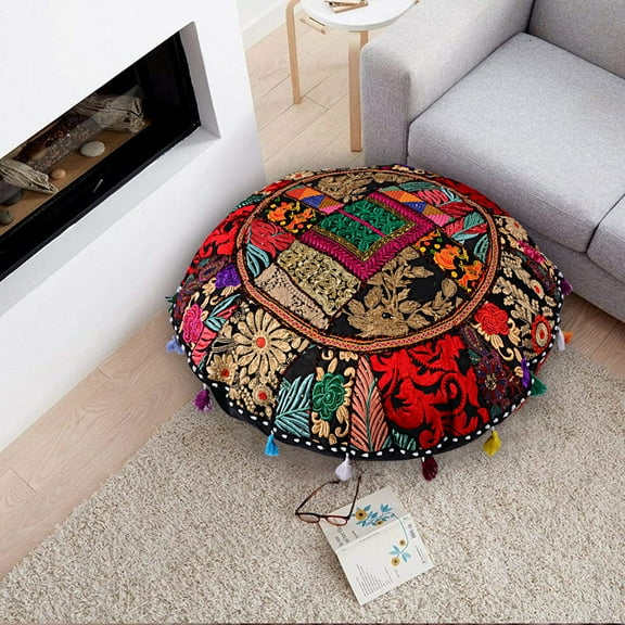 Rajasthani Handmade Colorful Decorative Floor Pillow Cover Meditation Patchwork Patchwork Cushion Seating Accent Boho Chic Indian Handmade Cover ONLY (Black, 32X32 Inches)