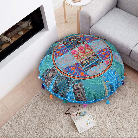 Rajasthani Handmade Colorful Decorative Floor Pillow Cover Meditation Patchwork Patchwork Cushion Seating Accent Boho Chic Indian Handmade Cover ONLY (Turquies, 32X32 Inches)