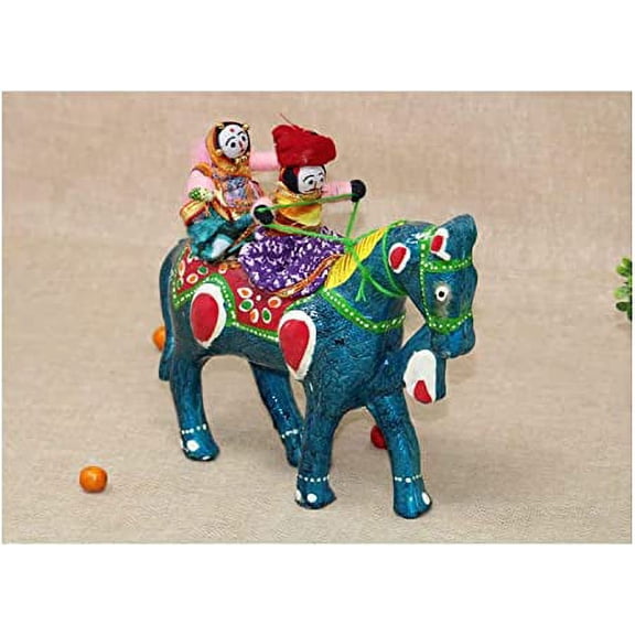 Rajasthani Horse Riding Couple Idol Figurine/Puppets Made From Recycled Material (Approx. 18 x 5 x 16 Cm, Color Random), Decorative Statue