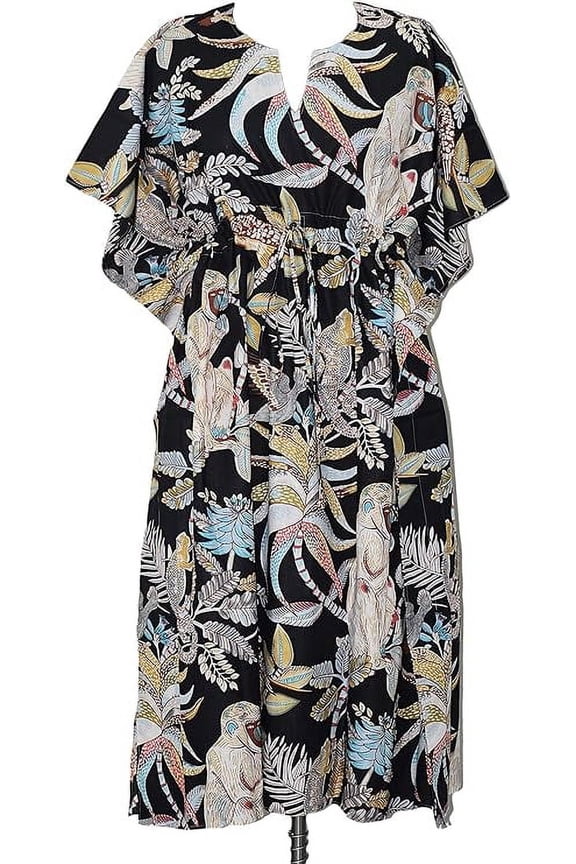 Indian Cotton Long Floral Printed Kaftan Dress Printed Women Caftan, Women Tunic - Black Monkey Print, 3X-Large