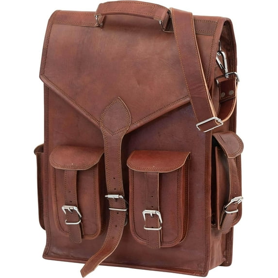 Rajeriya-18 inch Brown Premium Leather Laptop Backpack Work Stylish and Practical 2-in-1 Design Handmade Sling Backpack for Men's & Women's Travel Rucksack