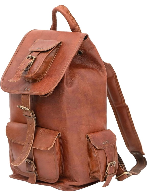 - 22 inch Rustic Vintage Leather Backpack Travel Rucksack Knapsack Daypack Bag for Men Women (Brown)