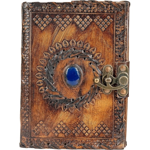 Rajeriya Brown Leather Journal Gemstone Writing Pad Blank Notebook Handmade Chakra Journal, Best Present Art Sketchbook to Write Book of Shadows Refillable Grimoire