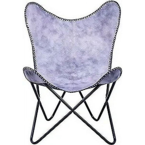 Rajeriya- Leather Chair Living Room Chairs- Grey Leather Butterfly Arm Chair -Handmade with Powder Coated Folding Iron Frame (Vintage Cover with Frame) (Grey+Black)