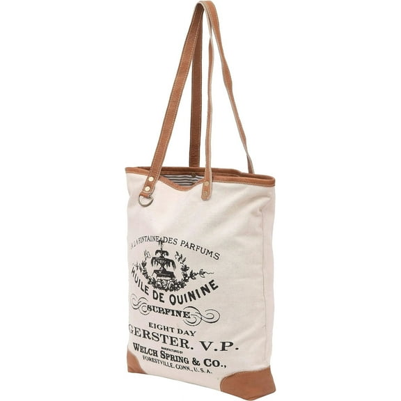 Rajeriya- White Brown Upcycled Canvas & Leather Handbag 16 inch Height & Cowhide Tote Bag, Canvas Handbags for Women