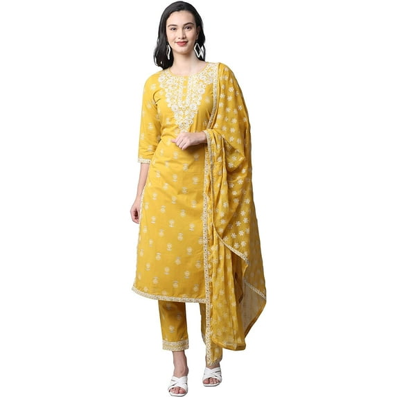 Rajnandini Women's Pure Cambric Cotton Embroidered Kurta Set with Dupatta (JOPLVL272-S_Yellow_S)