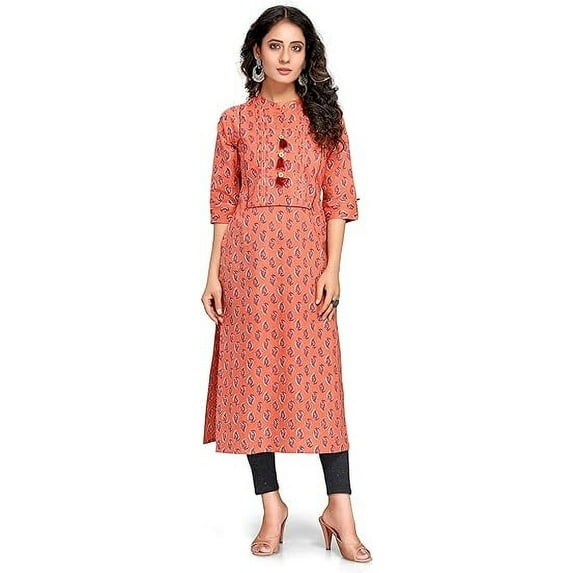 Rajnandini Women's Pure Cambric Cotton Jaipuri Block Printed Kurti (JOPLJPR68C-S_Orange_S)