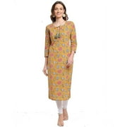 Rajnandini Women's Pure Cambric Cotton Jaipuri Floral Printed Kurti (JOPLJPR93-S_Yellow & Pink_S)