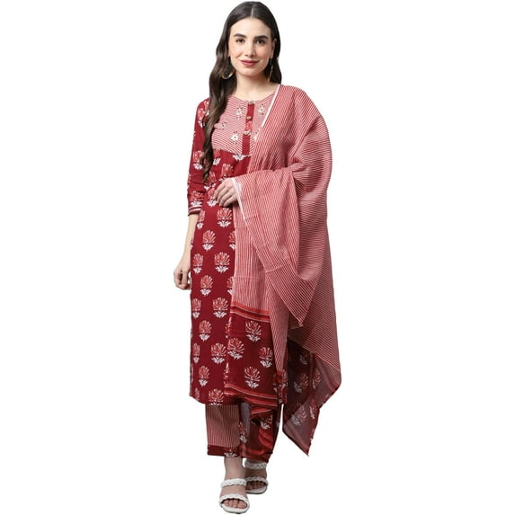 Rajnandini Women's Pure Cambric Cotton Jaipuri Printed & Embroidered Kurta Set With Dupatta (JOPLVL280-XXL_Brown_XXL)