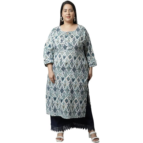 Rajnandini Women's Pure Cambric Cotton Jaipuri Printed Plus Size Kurti (JOPLVL109X-3XL_White & Grey_3XL)