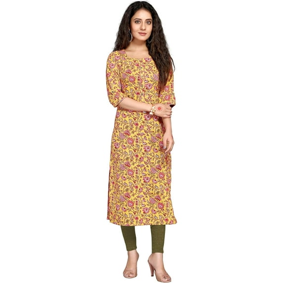 Rajnandini Women's Pure Cambric Cotton Kalamkari Floral Print Kurti (JOPLJPR69A-4XL_Yellow_4XL)