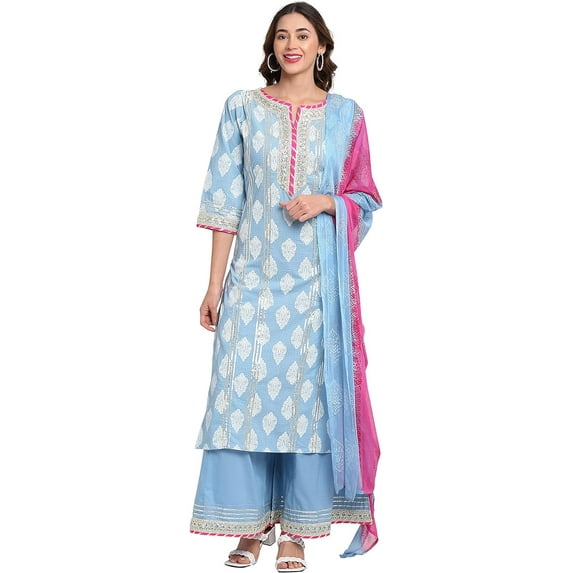 Rajnandini Women's Pure Cambric Cotton Printed Kurta Set With Dupatta (JOPLVL235-S_Blue_S)