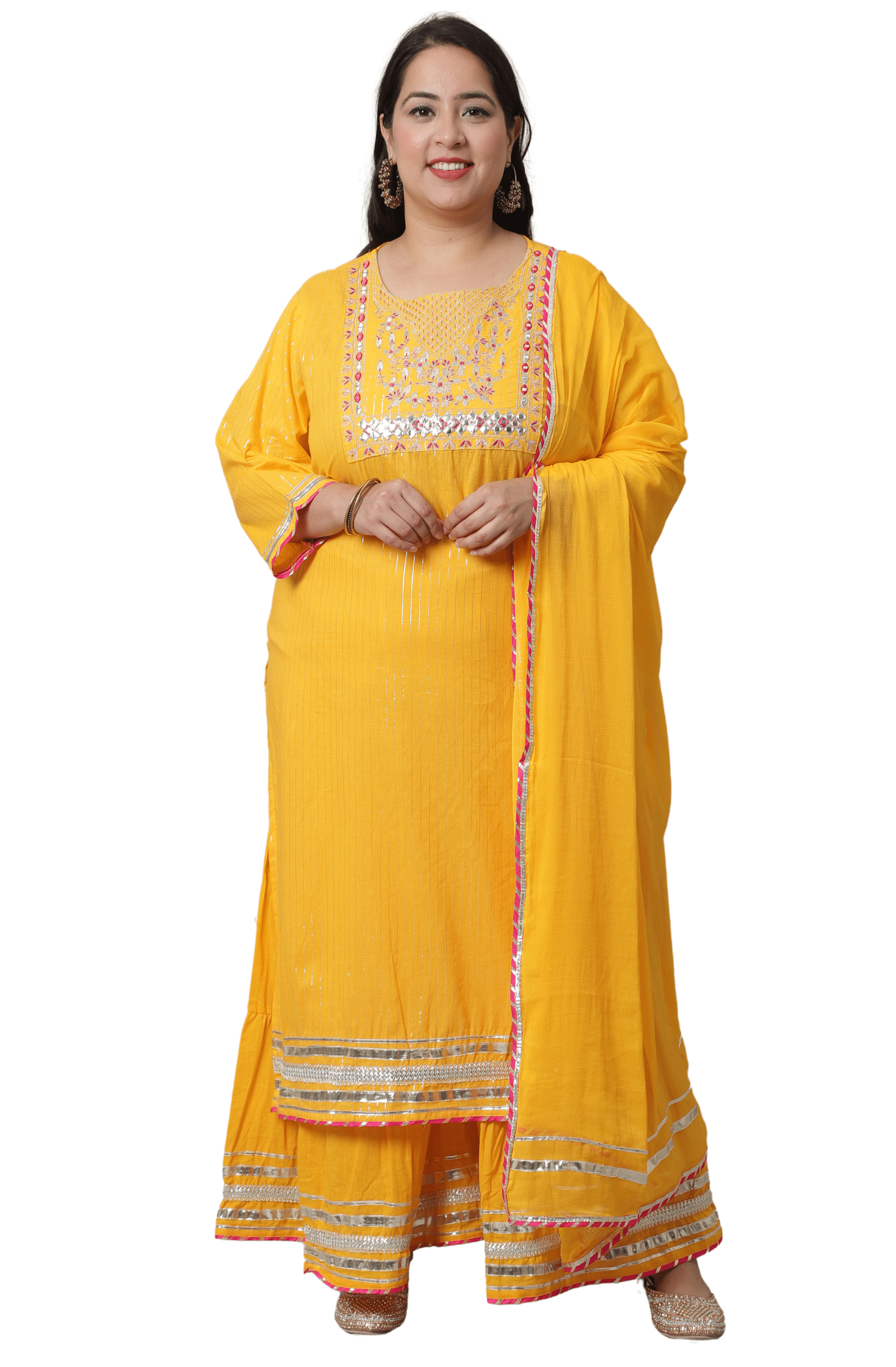 Multi-coloured Striped Cotton Lurex Embroidered Kurta and Pants Set
