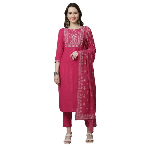 Rajnandini Women's Pure Cotton Zari Weaving and Embroidered Kurta Set with Dupatta (JOPLVL299B-M_Pink_M)