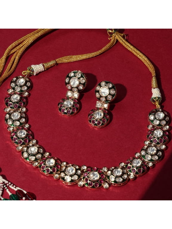 Rajwada Kundan Polki Phool Set With Natural Stone | Premium Heritage Imitation Jewelry | Gold Plated Traditional Wedding & Party Use Jewelry For Women