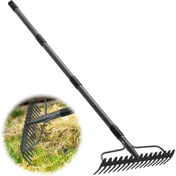 Rake, 17 Tines with 49 Inch Handle, 17 Inch Wide Heavy Duty Garden Thatch Leaf Rake for Raking Leaf Loosening Soil Gathering Mulch Leveling Rocks, Rustproof Metal Bow Rakes for Leaves Grass