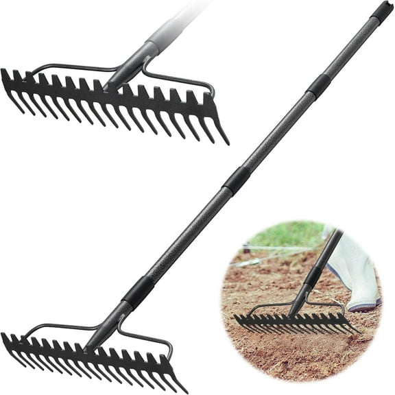 Garden Rake, 77 inch Long Handle with 17 Tongs, Heavy Duty Metal Rake for Loosening Leveling Soil, Grass, Wedding