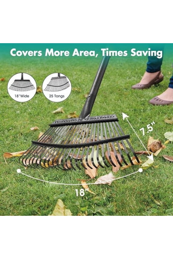 Rake, 65 Inch Long Handle,18 Inch Wide Large Garden Rake for Leaves, Metal Garden Rake Heavy Duty Yard Leaf Rake for - Lawn with Long Handle, Garden Leaf Rake for Debris Leaves