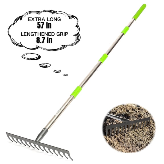 Rake For Leaves 14 Tines Rakes Gardening Adjustable Length From 30.5 To 57 Inch Bow Metal Leveling Loosening Soil