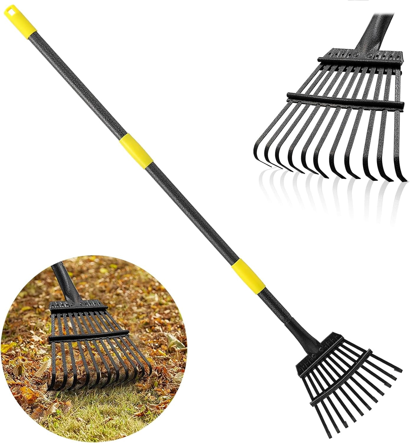Rake, Garden Leaf Rakes for Lawns Heavy Duty, Yard Metal Rake Tools with 9" Small Narrow Head, 65” Adjustable Long Handle, 11 Steel Tines, Quick Clean up Shrub, Flower Bed, Camping