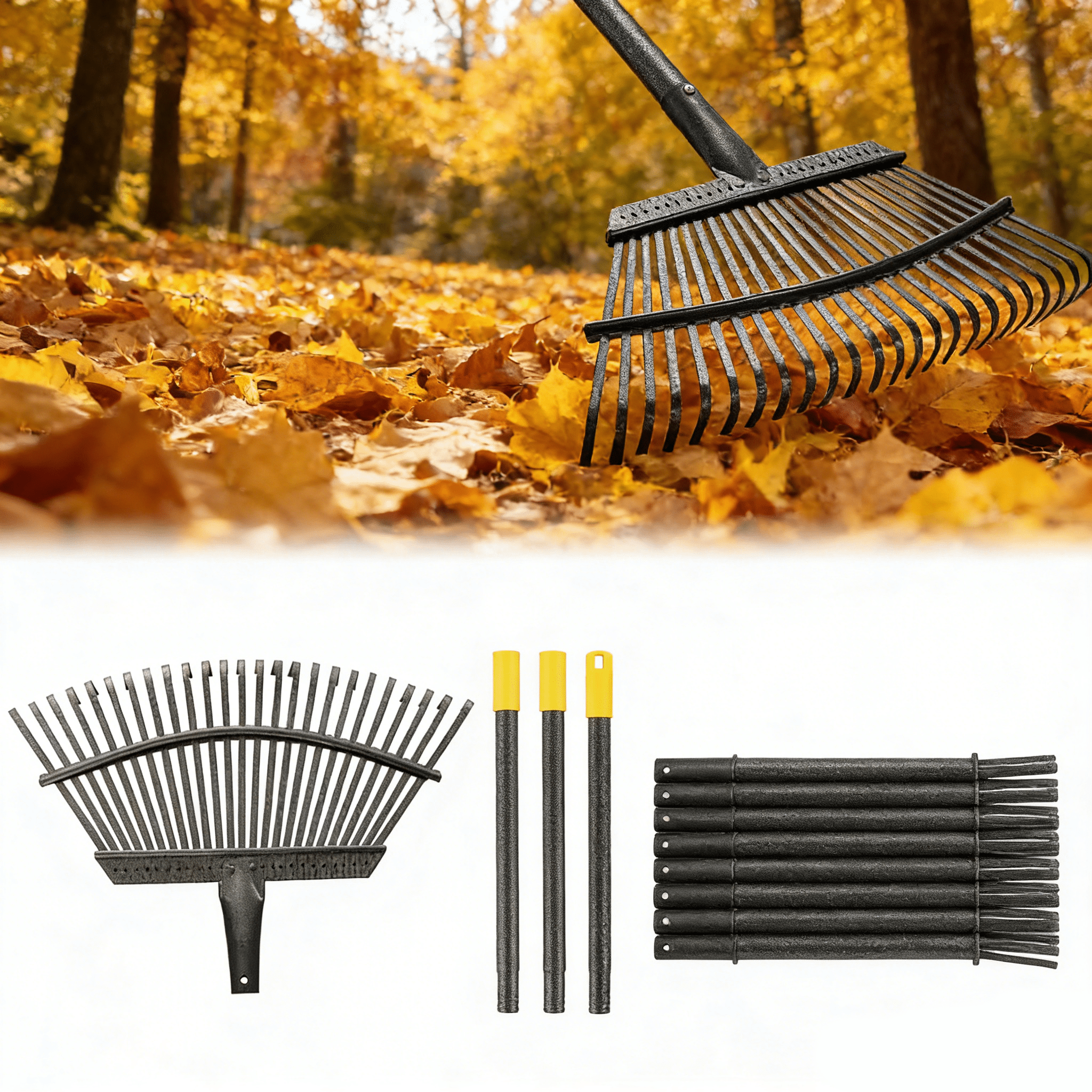 Rake, Garden Rake for Leaves, Heavy Duty Metal Leaf Rakes with Adjustable Steel Handle, Wide Rake Garden Tools for Lawns Yard Flower Bed Grass Mulch Shrub Camping Gardening