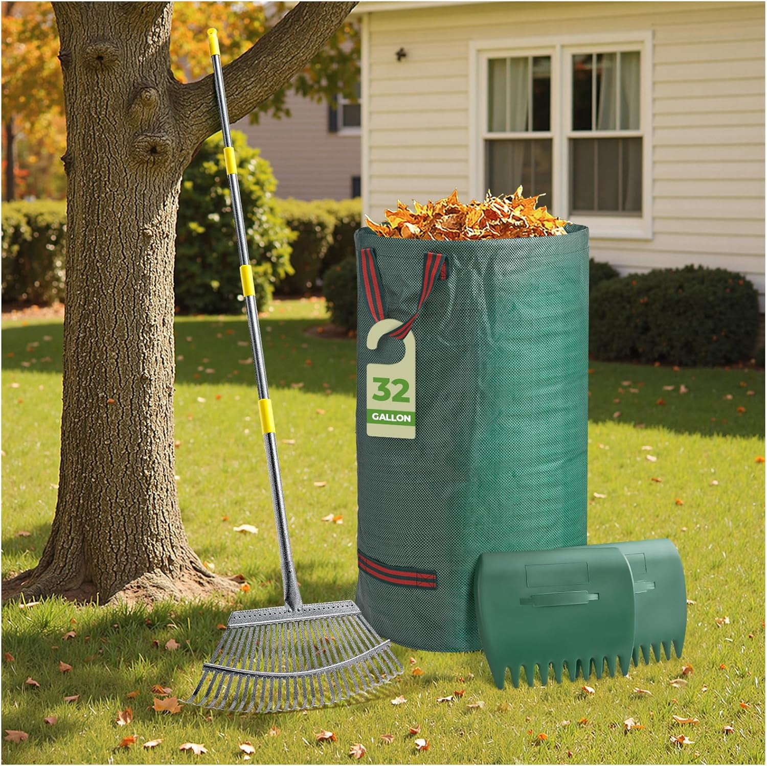 Rake for Leaves, 25 Tines 18 Inch Wide Metal Rake, 32 Gallon Leaf Bag ...
