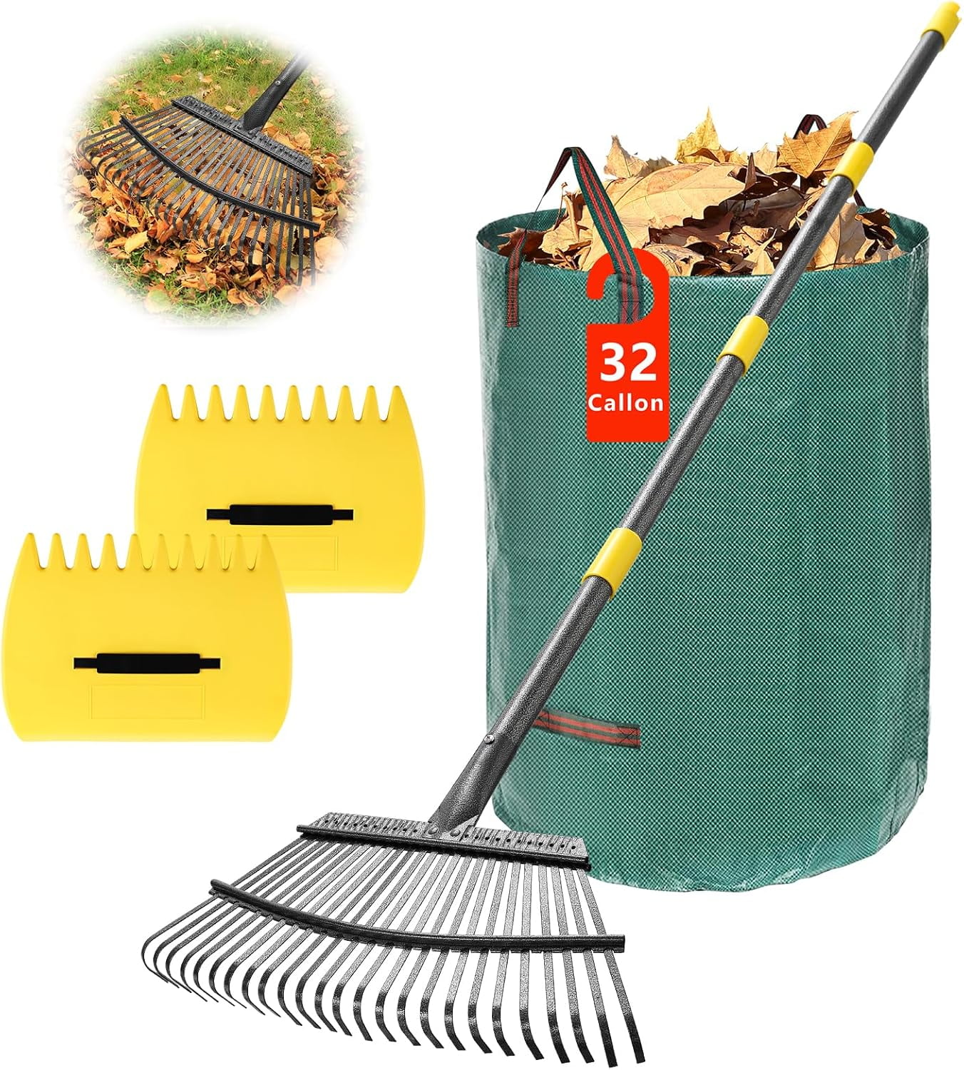 Rake for Leaves - 25 Tines Heavy Duty Metal Set with Leaf Scoops & Collector Bag, Adjustable Rakes Lawns, 3-in-1 Collection Tool Efficient Yard Pine Needle Grass Cleanup 5FT