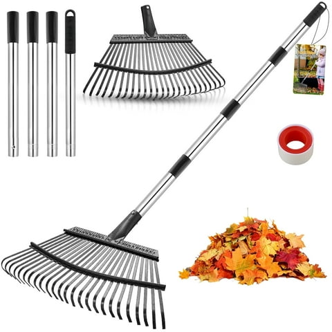 Remiawy Rake for Leaves, 65 Inch Adjustable Long Handle Garden Leaf Rake, 18 Inch Wide Heavy Duty Leaf Rake with 25 Metal Tines for Lawns Yard Shrubs Grass Gardening Camping Garbage Thatch