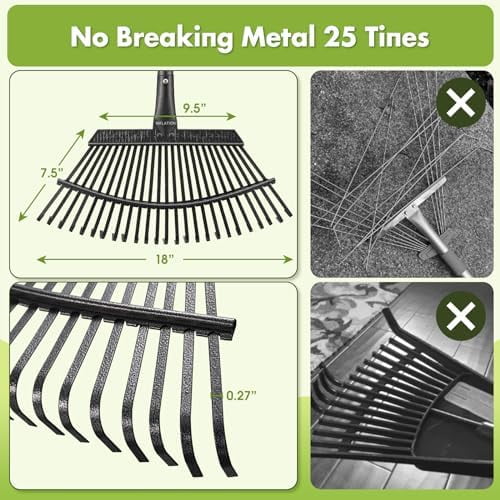 Rake for Leaves, Heavy Duty Leaf Rakes for Lawns & Yard - 79” Adjustable Long Handle 18” Width 25 Metal Tines - Gardening Rake for Adults Kids for Shrub,Grass,Mulch