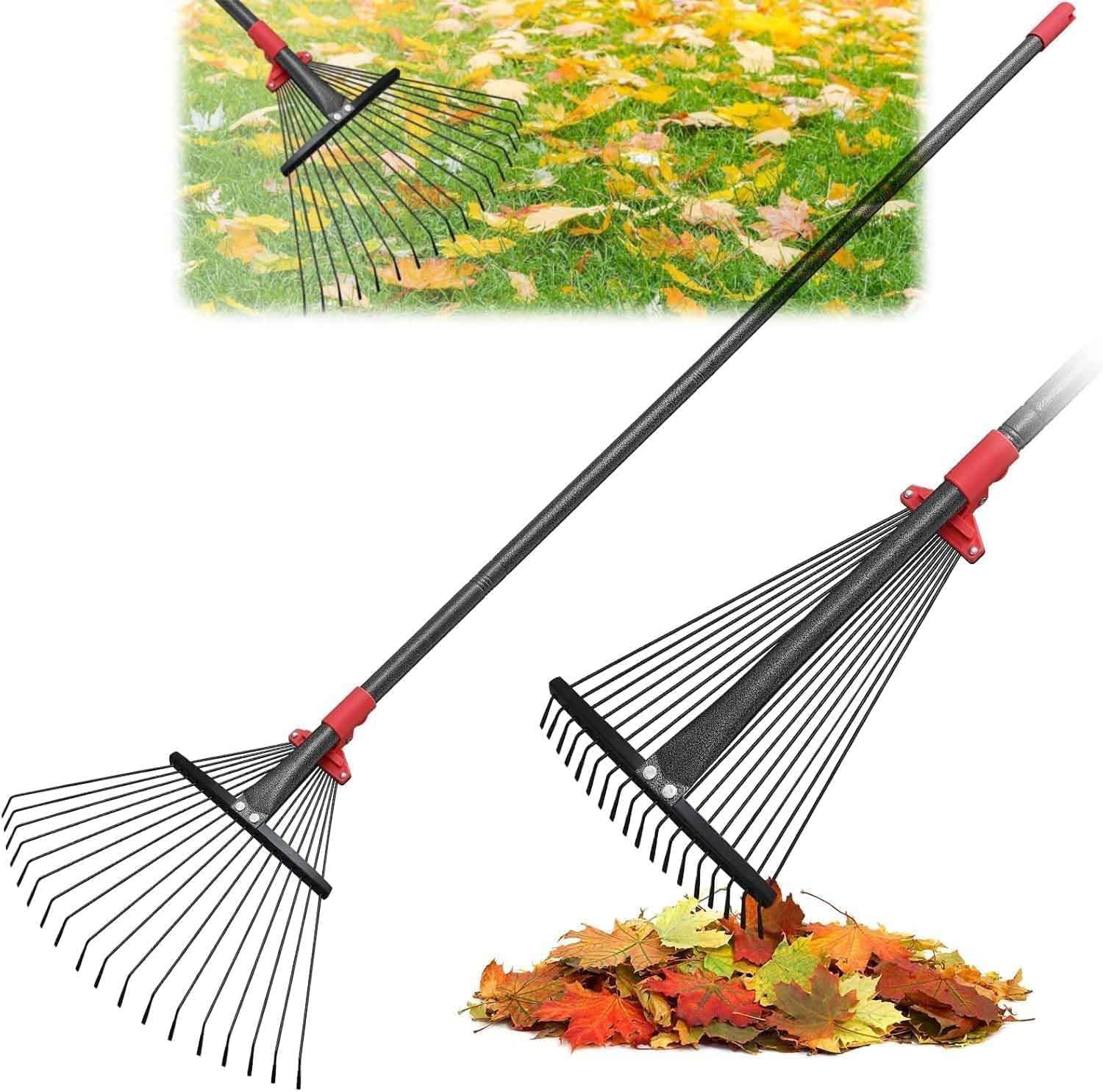 Metal Rake Closure Rake for Leaves, Adjustable Metal Tines with Expandable Head Garden ...