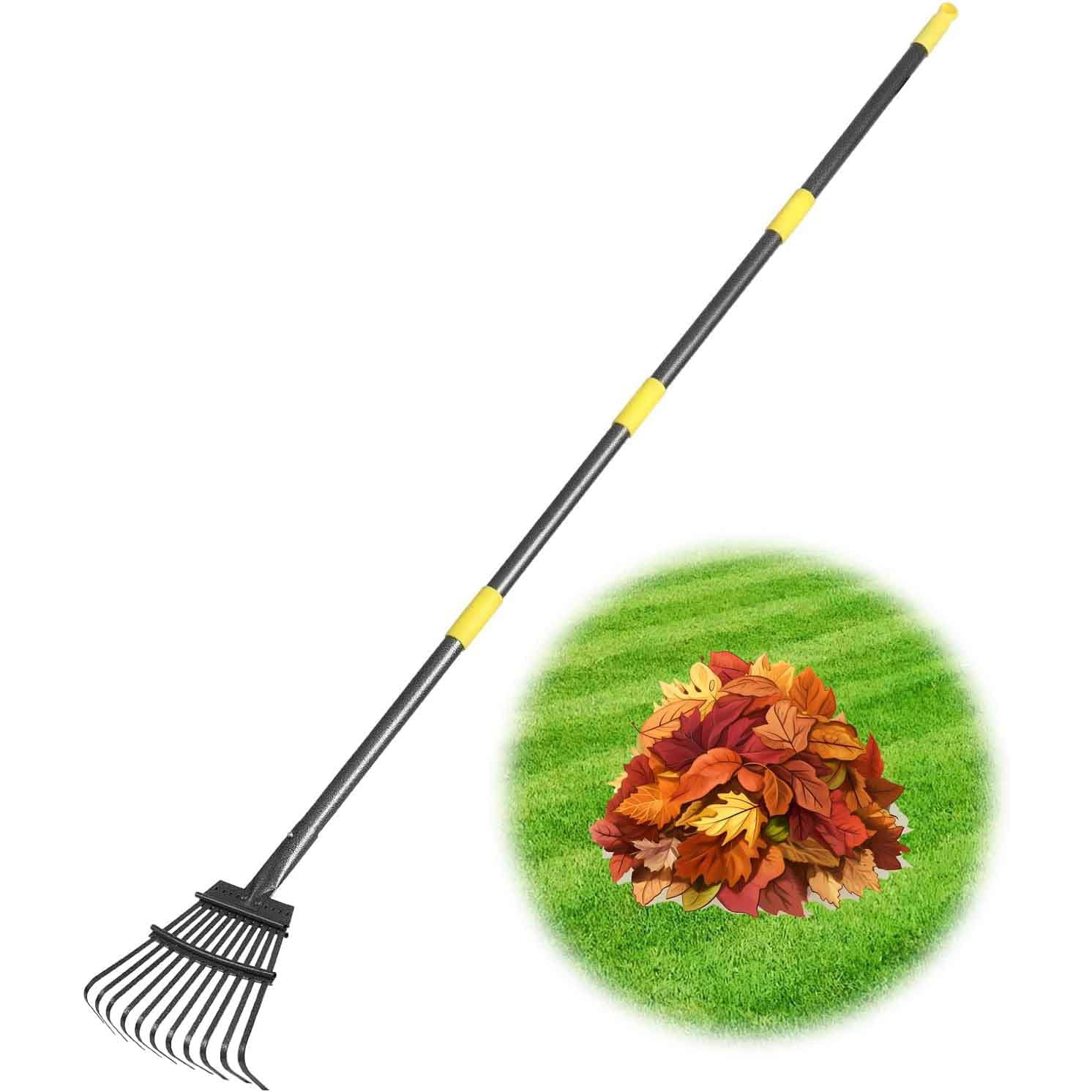 Rake for Leaves, Metal Rake Tool with Steel Tines for Garden, Yard, Shrub, Flower Beds, Lawns