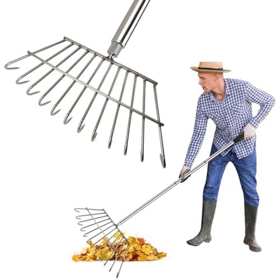 Rakes for Lawns, Garden Rake for Leaves, Turf Dead Grass Leaf Rakes Camping, Manual Dethatcher, Shrub, Debris, Weed Cleaning Removing Tool for Yard Landscape - Stainless Steel Heavy Duty$$
