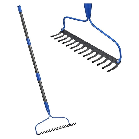 Rakes for Lawns Heavy Duty, Metal Garden Rake 5 FT Length Adjustable Long Handle for Back Saving, 14 Sharp Tines for Quick Loosen Soil, Leveling Mulch, Collecting Leaves, Gardening Bow Rake