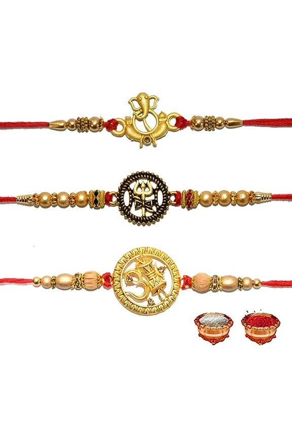 Rakhi for Brother Set of 3 Combo Rakhi Shiva Trishul OM Design with Damru Ganesha Rakhi Handmade Bracelets Blessing of Shiva and Ganesh Raksha Bandhan Festival