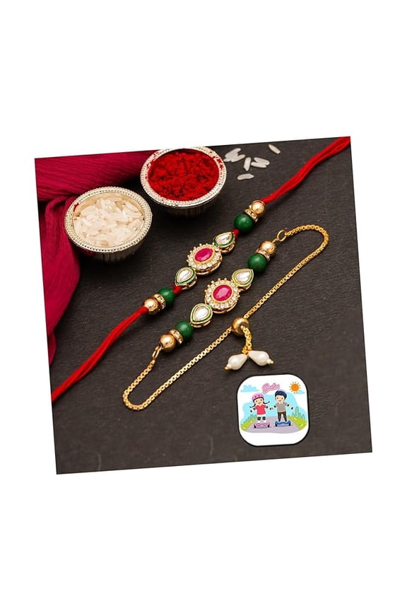 Rakhi Set for Brother and Bhabhi, Lumba Floral Rakhi Kundan Bracelet Rakhis for Bhaiya Bhabhi Raksha bandhan Couple Pearl Rakhis Set of 2 with Fridge Magnet Gift