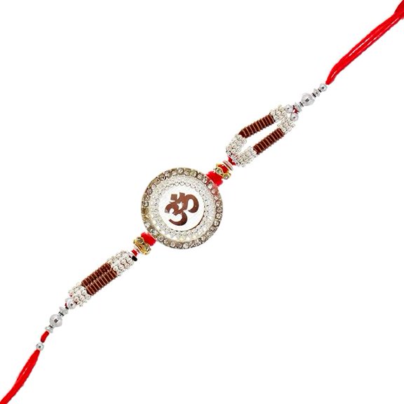 Rakhi Silver Plated for Brother/Bhaiya/Bhai/Bhabhi (Pack of 1) Rakshabandan Rakhe Stone Om Design Religious Rakhee Bracelet Rakshasutra for Boys & Men