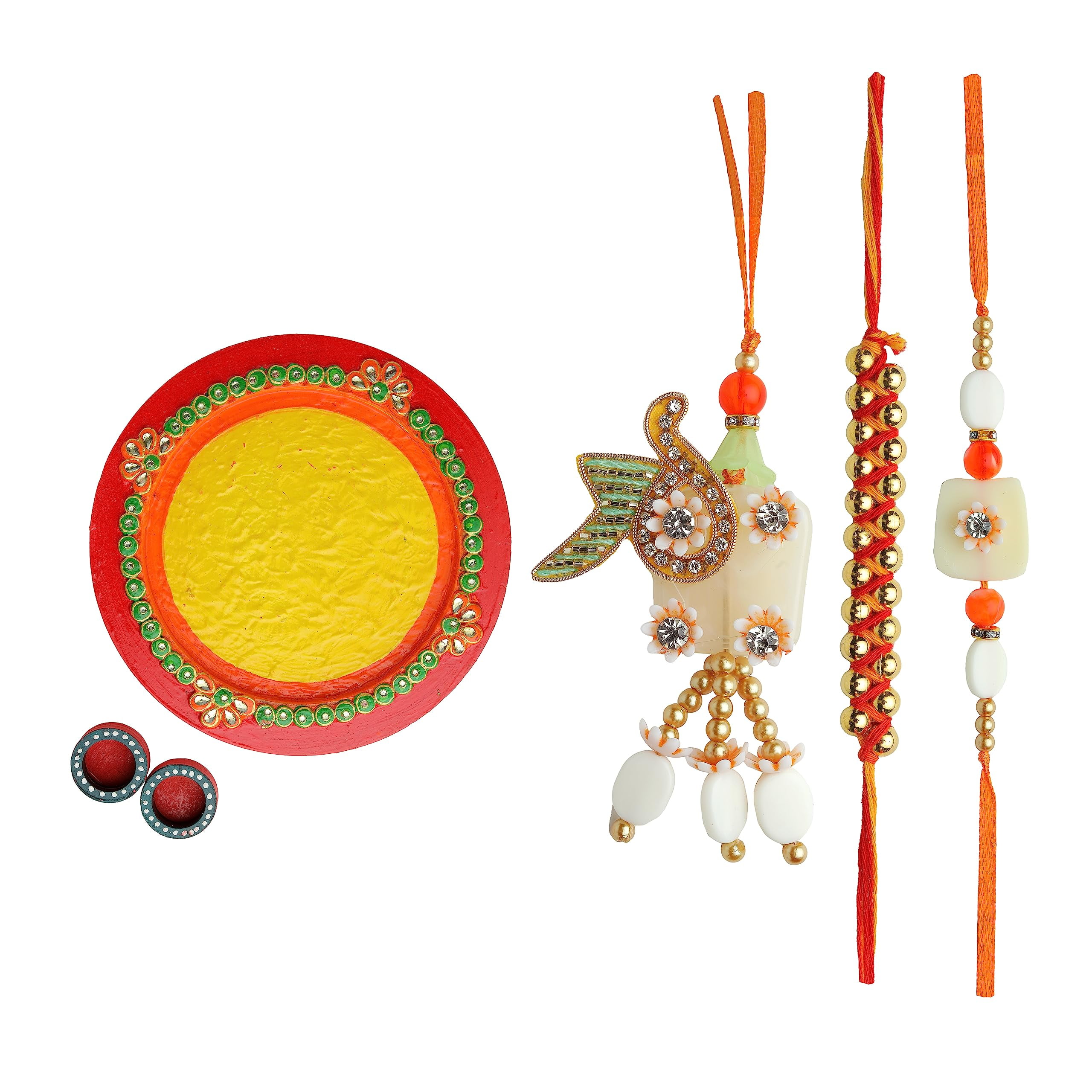 Purpledip Rakhi & Bhai Dooj Set – Includes Rakhi Bracelet, Bhabhi Lumba, Ganesha Lakshmi Statue & Roli Tika